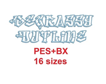 Degrassy™ fancy tribal grafitti embroidery font formats PES+BX 16 sizes French and English alphabet with commercial license (RLA)