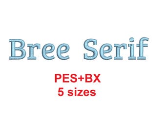 Bree Serif embroidery font formats bx (which converts to 17 machine formats), + pes, Sizes 0.25 (1/4), 0.50 (1/2), 1, 1.5 and 2"