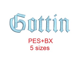 Gottin embroidery font formats bx (which converts to 17 machine formats), + pes, Sizes 0.50 (1/2), 0.75 (3/4), 1, 1.5 and 2"