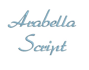 Arabella Script font formats bx (compatible with 17 machine file formats), dst, exp, pes, jef and xxx, Sizes 1, 1.5, 2 inches