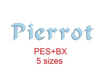 Pierrot embroidery font formats bx (which converts to 17 machine formats), + pes, Sizes 0.50 (1/2), 0.75 (3/4), 1, 1.5 and 2"