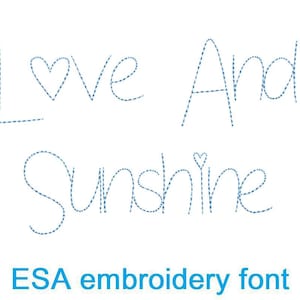 May include: Love And Sunshine embroidery font design with hearts. This is a digital download for embroidery machines.