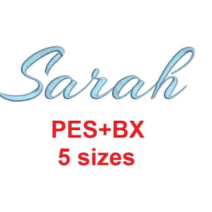 Sarah Script embroidery font formats bx (which converts to 17 machine formats), + pes, Sizes 0.25 (1/4), 0.50 (1/2), 1, 1.5 and 2&quot;