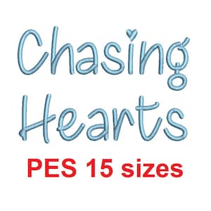 Chasing Hearts embroidery font PES format 15 Sizes 0.25 (1/4), 0.5 (1/2), 1, 1.5, 2, 2.5, 3, 3.5, 4, 4.5, 5, 5.5, 6, 6.5, and 7 inches (MHA)