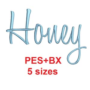 Honey Script embroidery font formats bx (which converts to 17 machine formats), + pes, Sizes 0.25 (1/4), 0.50 (1/2), 1, 1.5 and 2&quot;