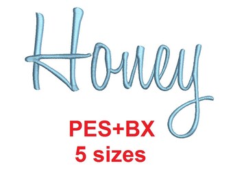 Honey Script embroidery font formats bx (which converts to 17 machine formats), + pes, Sizes 0.25 (1/4), 0.50 (1/2), 1, 1.5 and 2&quot;