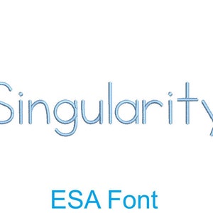 Puede incluir: La palabra "Singularity" en una fuente de contorno azul claro, con el texto "ESA Font" debajo.