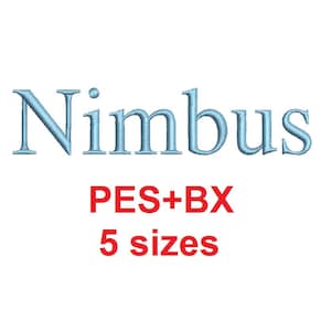 May include: Light blue embroidery design of the word "Nimbus" in a simple font. The text "PES+BX 5 sizes" is also included in red.