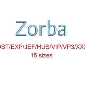 Puede incluir: Texto bordado en azul que dice "Zorba" con el texto "DST/EXP/JEF/HUS/VIP/VP3/XXX 15 tamaños" debajo.