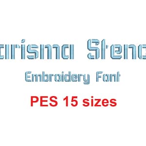 以下が含まれることがあります： 青色の「Karisma Stencil」刺繍フォントと、赤色の「PES 15 サイズ」というテキストが表示されています。