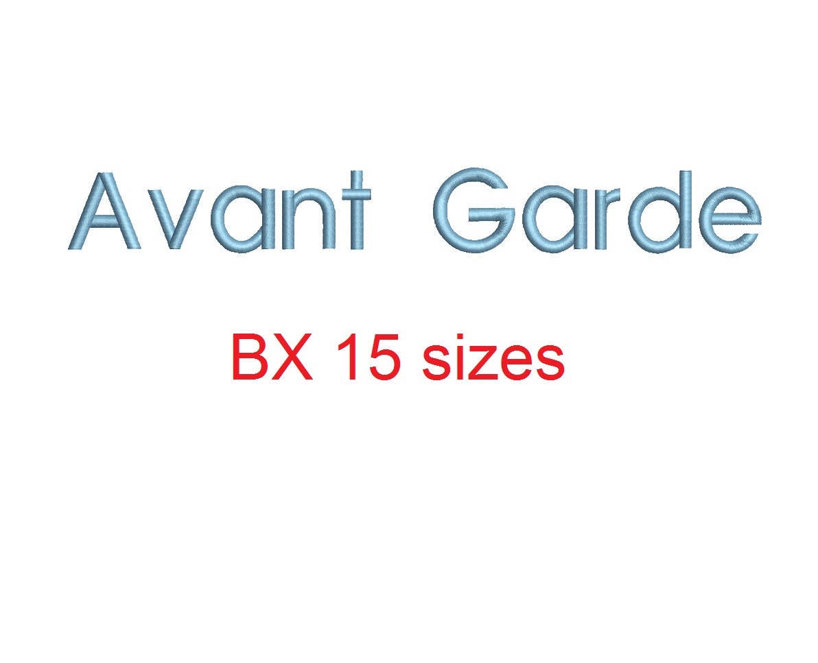 Avant Garde BX font Sizes 0.25 (1/4), 0.50 (1/2), 1, 1.5,… embroidery font preview