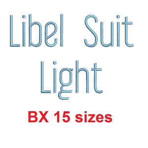 Pode incluir: Fundo branco com as palavras "Libel Suit Light" em azul claro, fonte fina sem serifa. Abaixo, em vermelho, está "BX 15 sizes".