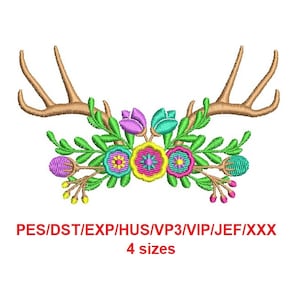 Antlers #2 with flowers machine embroidery hand made design instant download (AVL)