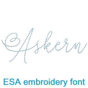 May include: The word "Askew" written in a blue and white dotted font style. The text is in a cursive script font. The text is labeled "ESA embroidery font".