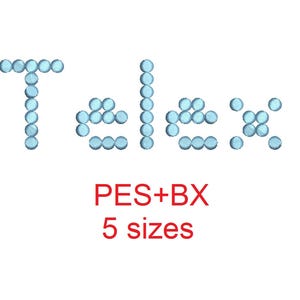 May include: The word "Telex" spelled out in blue beads. The text "PES+BX 5 sizes" is below the word.