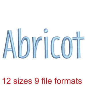 May include: Light blue embroidered word "Abricot" on a white background. Below the word, the text reads "12 sizes 9 file formats" in red.