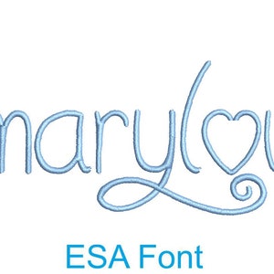 May include: A blue embroidered design of the name "marylou" with a heart in the "lou" part of the name. The text "ESA Font" is below the name.