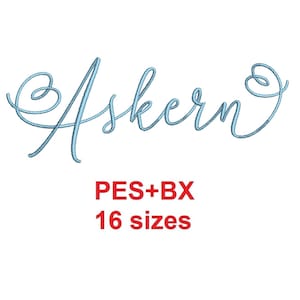May include: A blue cursive font embroidery design of the name "Askern" with the text "PES+BX 16 sizes" below.