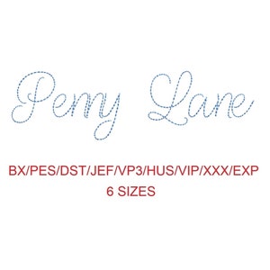 May include: Embroidery design for the name "Penny Lane" in a blue stitched font. The design is available in six sizes and in multiple formats, including BX, PES, DST, JEF, VP3, HUS, VIP, XXX, and EXP.