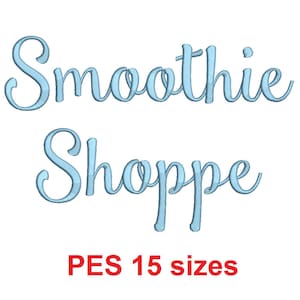 Op de afbeelding: Een blauw en wit borduurontwerp voor een Smoothie Shoppe logo. Het ontwerp is beschikbaar in 15 maten in PES-formaat.