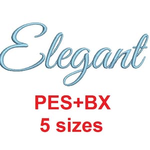 Elegant Script embroidery font formats bx (which converts to 17 machine formats), + pes, Sizes 0.25 (1/4), 0.50 (1/2), 1, 1.5 and 2&quot;