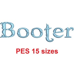Könnte beinhalten: Blauer gestickter Text, der "Boooter" lautet, mit den Worten "PES 15 Größen" darunter.