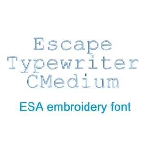 May include: A white background with blue text. The text reads "Escape Typewriter CMedium" and "ESA embroidery font". The font is a typewriter style, ideal for embroidery.
