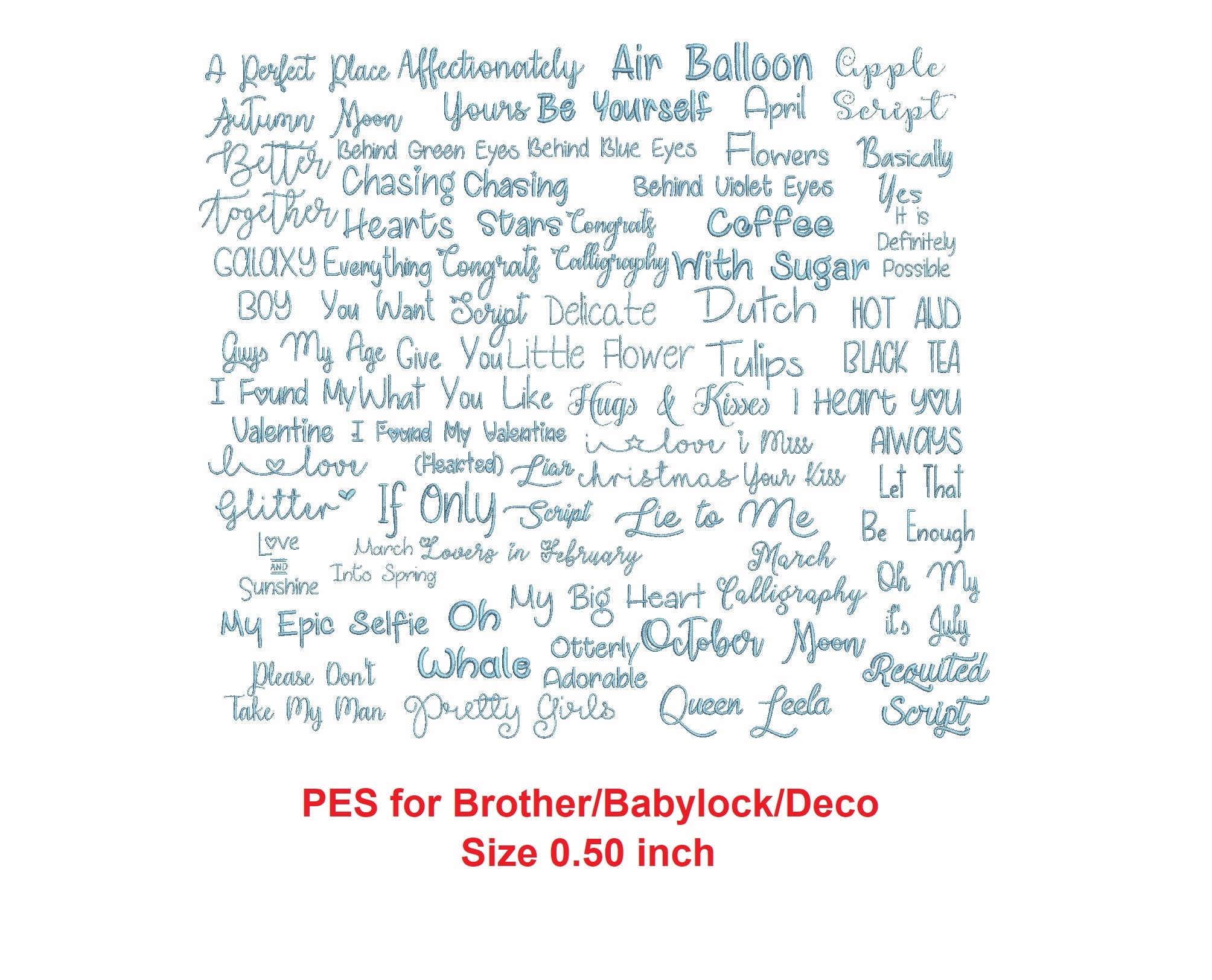 Mistifonts© embroidery fonts Package 50 small PES 1.50" a… embroidery font sample