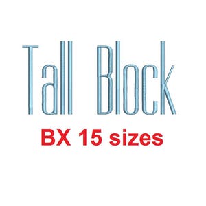 May include: Tall Block embroidery design in light blue with the text "BX 15 sizes" in red.