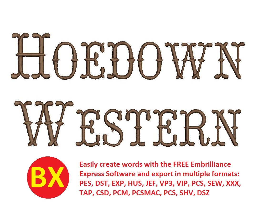 Hoedown Western fishtail embroidery font bx file 1", 1.5"… embroidery font sample