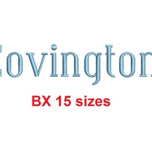 May include: Embroidered design of the name "Covington" in light blue thread. The text "BX 15 sizes" is written in red below the name.