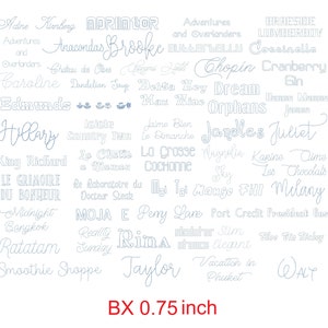 May include: A blue and white word cloud with over 50 different names, including "Adine Kunbag", "Anacondas Brooke", "Adventures and Overlanders", "Butterflybelly", "Coccinelle", "Chopin", "Cranberry", "Delta Key", "Dream", "Orphans", "Jandles", "Juliet", "Le Chateu a Marceau", "La Grosse Cochonne", "Mango Fill", "Moja E", "Pemy Lane", "Port Credit", "President Inc", "Rina", "Skater", "Slim", "Smoothie Shoppe", "Taylor", "Vacation in Phuket", "Walt", and "BX 0.75 inch".