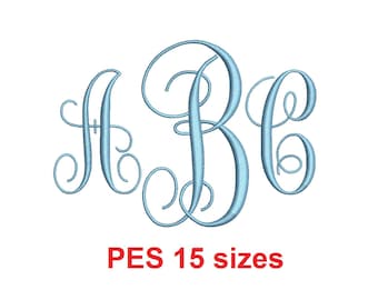 May include: A monogram design with the letters A, B, and C in a cursive font. The letters are light blue and have a decorative flourish. The text "PES 15 sizes" is below the monogram.