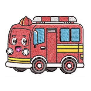 May include: Embroidered patch of a cartoon fire truck. The fire truck is red with yellow and blue accents, featuring a smiling face and large wheels. The patch is designed for children's apparel or accessories.