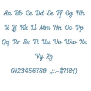 May include: A blue alphabet and number font chart with uppercase letters, lowercase letters, and numbers 0-9. The chart also includes punctuation marks such as a comma, colon, semicolon, period, hyphen, dash, dollar sign, question mark, exclamation point, ampersand, and parenthesis.