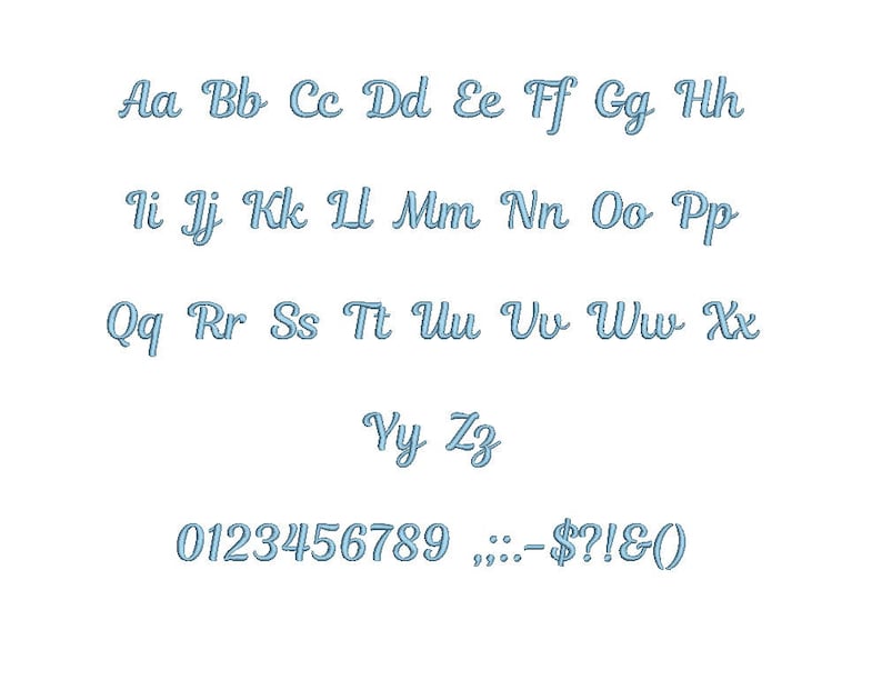 May include: A blue alphabet and number font chart with uppercase letters, lowercase letters, and numbers 0-9. The chart also includes punctuation marks such as a comma, colon, semicolon, period, hyphen, dash, dollar sign, question mark, exclamation point, ampersand, and parenthesis.