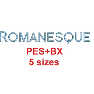 Romanesque embroidery font formats bx (which converts to 17 machine formats), + pes, Sizes 0.25 (1/4), 0.50 (1/2), 1, 1.5 and 2&quot;