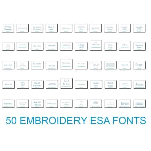 May include: A collection of 50 embroidery fonts displayed in white squares with blue text. The fonts are displayed in alphabetical order. The text at the bottom of the image reads "50 EMBROIDERY ESA FONTS".