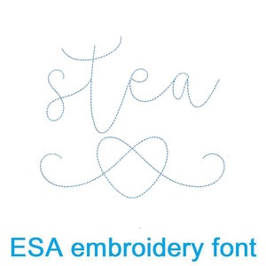 May include: A white background with the word "stea" in a cursive font, followed by a heart-shaped design. Below, the text "ESA embroidery font" is displayed in blue.