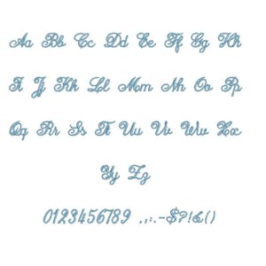 May include: A blue alphabet and number font set with uppercase letters, lowercase letters, and numbers 0-9. The font is cursive and includes punctuation marks such as a period, comma, hyphen, dollar sign, question mark, exclamation point, and parentheses.