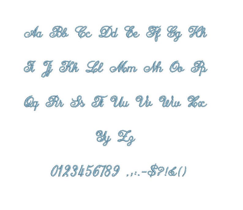May include: A blue alphabet and number font set with uppercase letters, lowercase letters, and numbers 0-9. The font is cursive and includes punctuation marks such as a period, comma, hyphen, dollar sign, question mark, exclamation point, and parentheses.