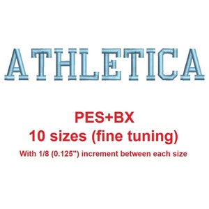 Athletica embroidery font PES+BX 10 Sizes from 0.25&quot; to 1.375&quot; with increment of 0.125&quot; (1/8)