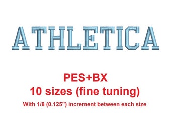 Athletica embroidery font PES+BX 10 Sizes from 0.25" to 1.375" with increment of 0.125" (1/8)