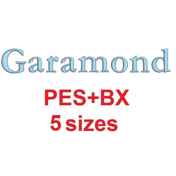 Garamond embroidery font formats bx (which converts to 17 machine formats), + pes, Sizes 0.25 (1/4), 0.50 (1/2), 1, 1.5 and 2"