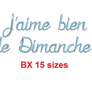 May include: Embroidered design in light blue that says "J'aime bien le Dimanche" with the text "BX 15 sizes" in red below.