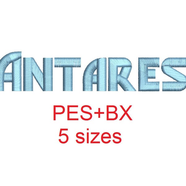 Antares embroidery font formats bx (which converts to 17 machine formats), + pes, Sizes 0.50 (1/2), 0.75 (3/4), 1, 1.5 and 2"