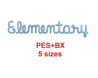 May include: Blue embroidered text that reads "Elementary" in a cursive font. The text is in five different sizes and is available in PES and BX formats.
