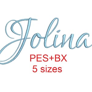 May include: A blue cursive font embroidery design of the name "Jolena" with the text "PES+BX 5 sizes" below.