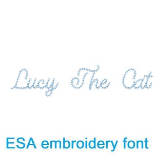 May include: The words "Lucy The Cat" are spelled out in a blue, cursive font. The text is written in a stylised font that resembles embroidery.