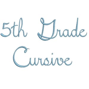 以下が含まれることがあります： 「5th Grade Cursive」と書いてある青い筆記体フォントのデザインです。